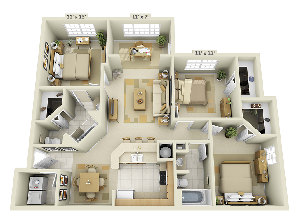 Floor plan for 3 beds, 2 baths, 1227 sqft